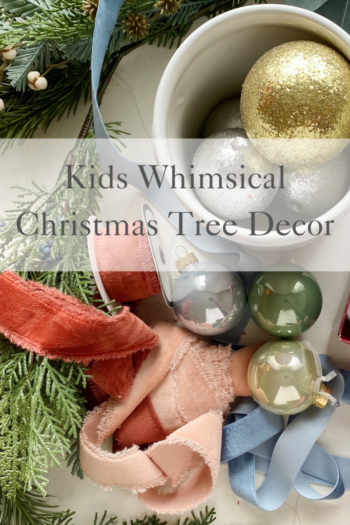 Kids Whimsical Christmas Tree Decor red, pink, blue ribbon and bulbs for Christmas Tree