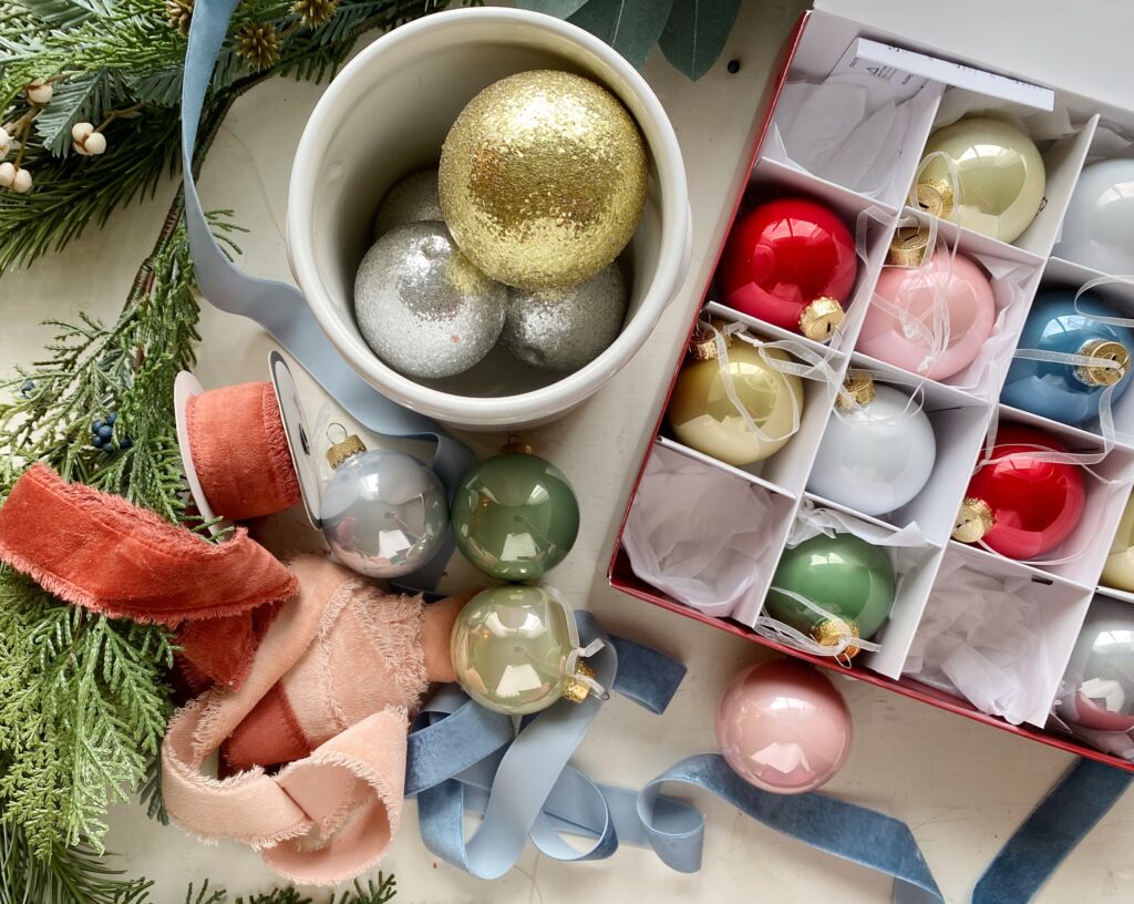 Pink, Green, Blue whimsical kids Christmas tree decor items.